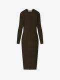 Flat lay of dark brown ribbed long sleeve dress with crew neckline and midi length on white background