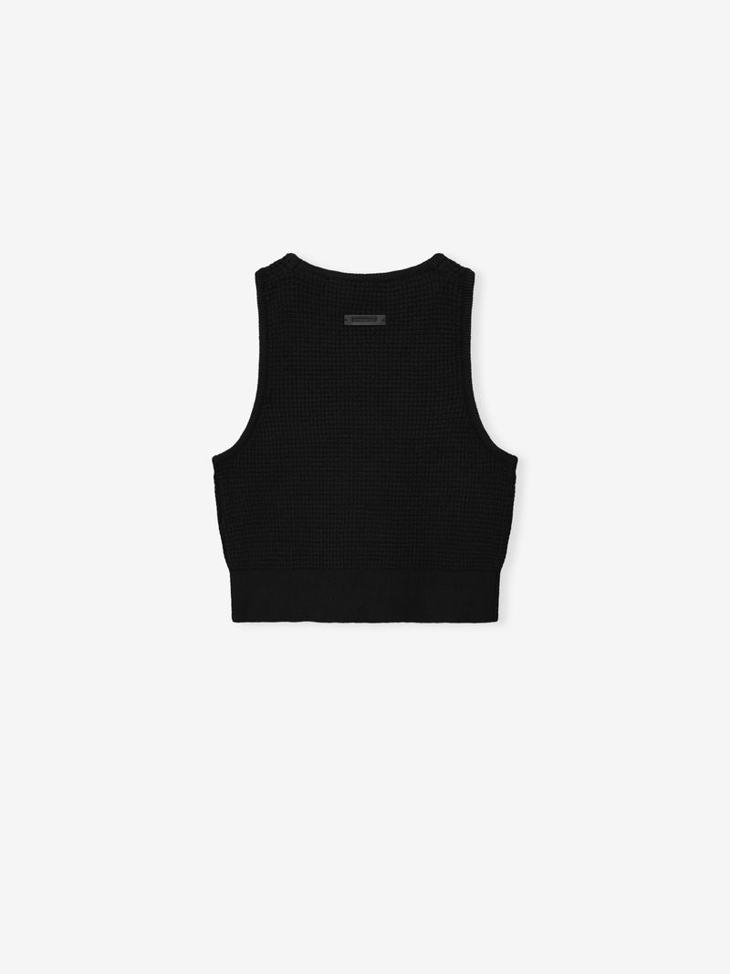 Back view of black women's waffle sport tank with ribbed hem and subtle brand tag t_xoExrg.jpg gallery 0