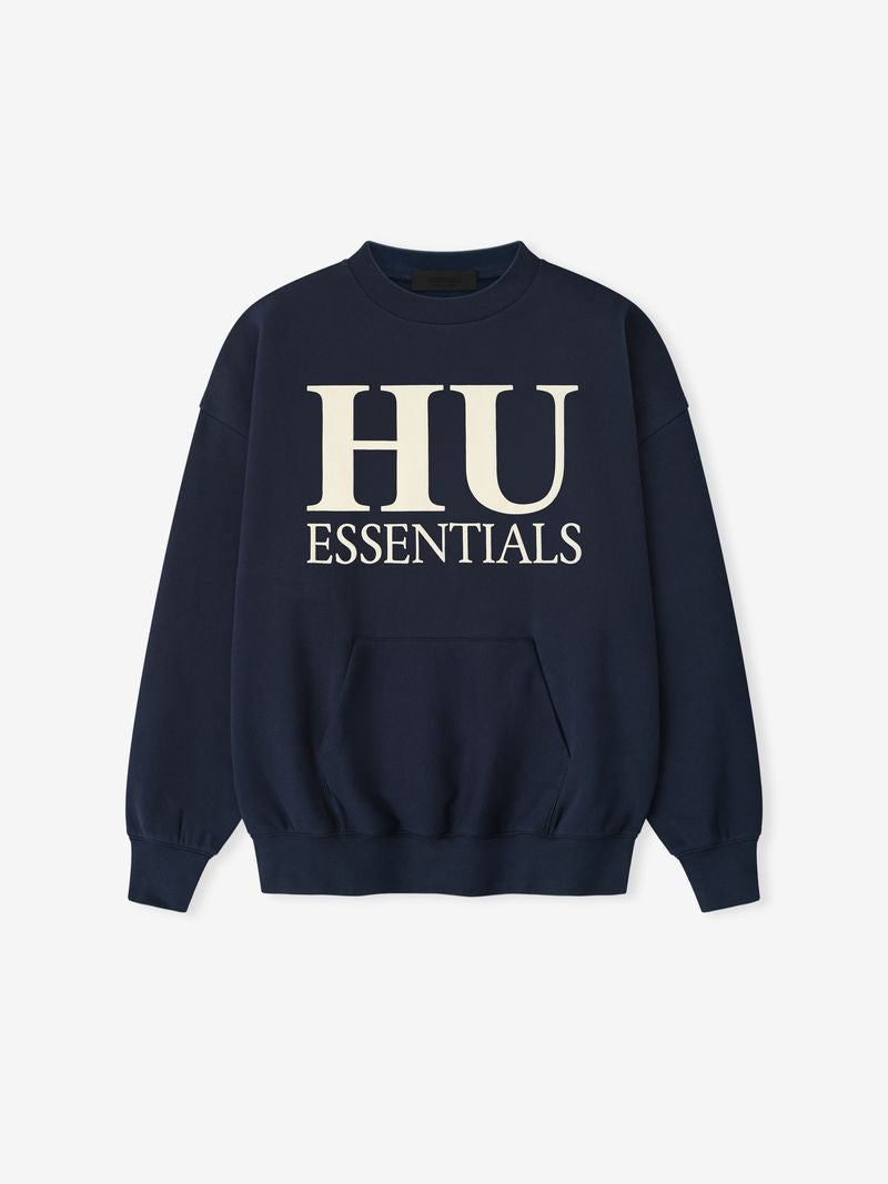 Front view of navy Howard University Sport Crewneck with large cream HU Essentials text, file vFnSkN0Q.jpg gallery image 0