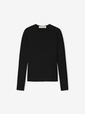 black women's ribbed poly-nylon long sleeve top with fitted silhouette displayed flat on white background
