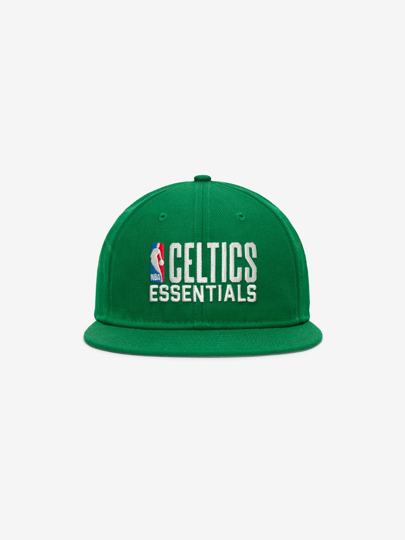 Front view of green Celtics 9Fifty snapback hat with white NBA Essentials logo embroidered on crown