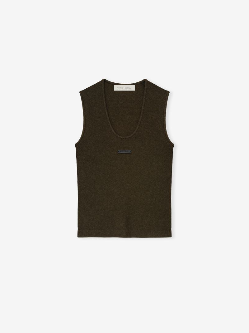Dark olive ribbed sleeveless tank top with deep scoop neck and small rectangular logo patch on chest